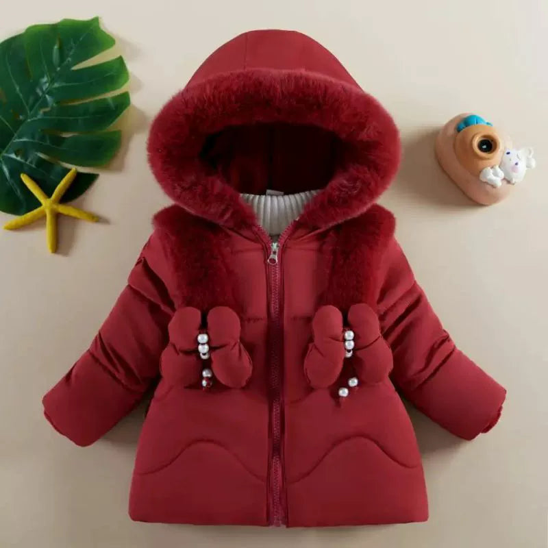 Faux Fur Bow Hooded Winter Coat