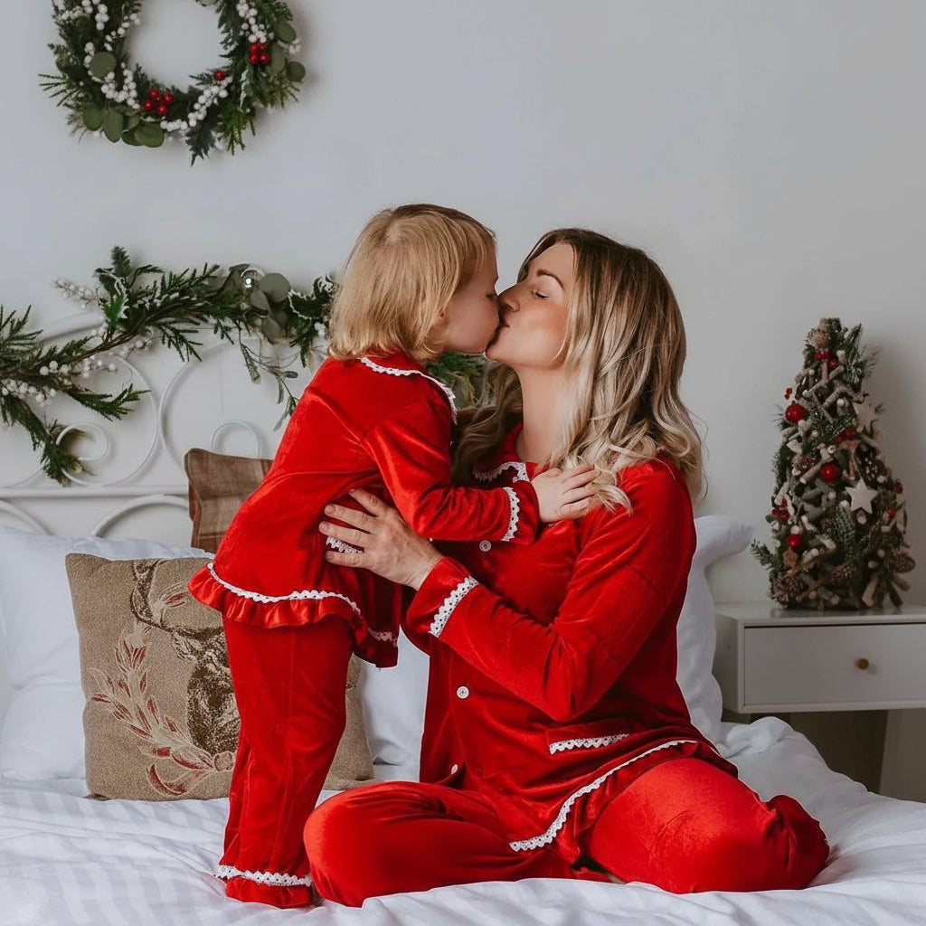 Velvet Lace-Trim Family Pajama Set