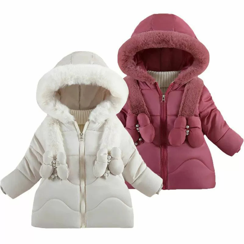 Faux Fur Bow Hooded Winter Coat