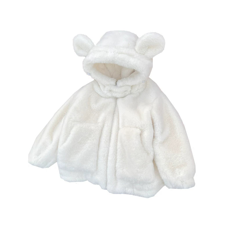White fur baby coat with bear ears on a white background