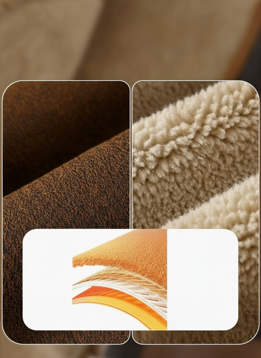 Text and close-up images of materials used in a product, with a focus on insulation and warmth.