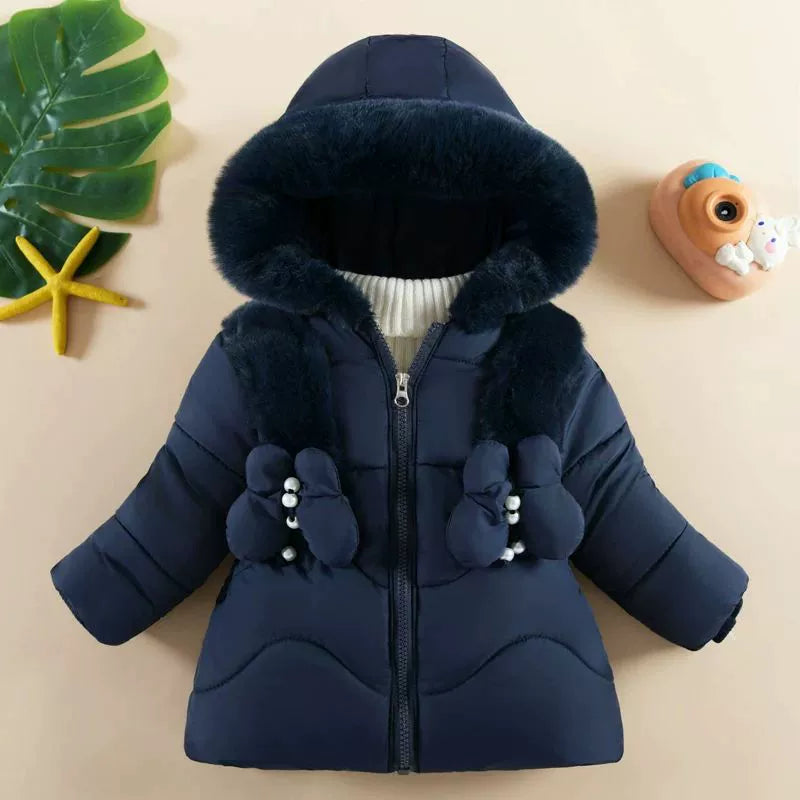 Faux Fur Bow Hooded Winter Coat