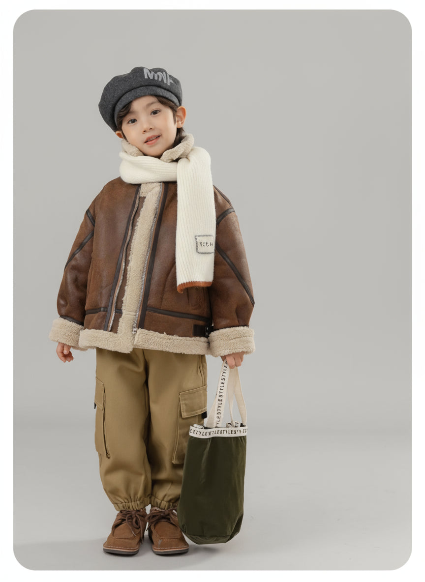 Child wearing a brown jacket with shearling lining, holding a green bag, on a beige background.