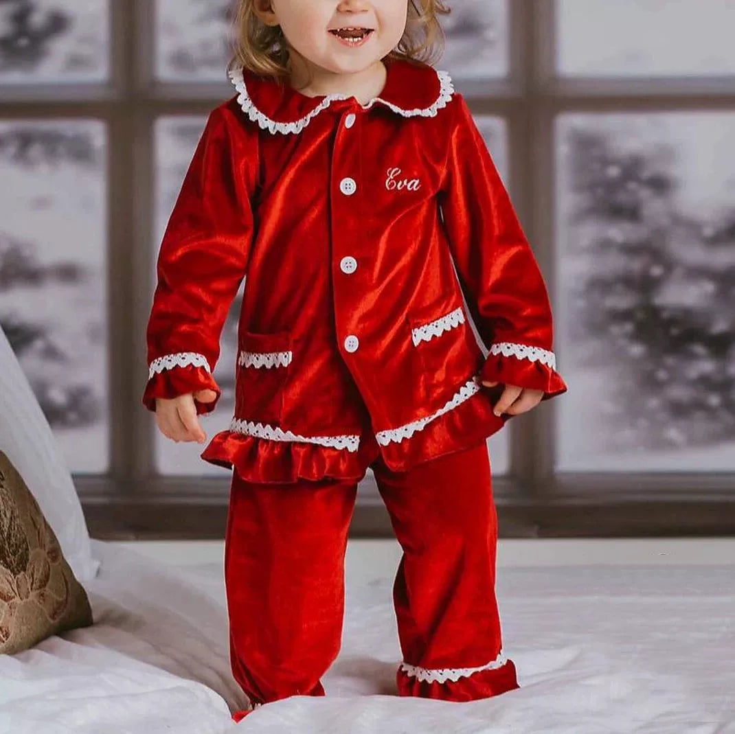 Velvet Lace-Trim Family Pajama Set