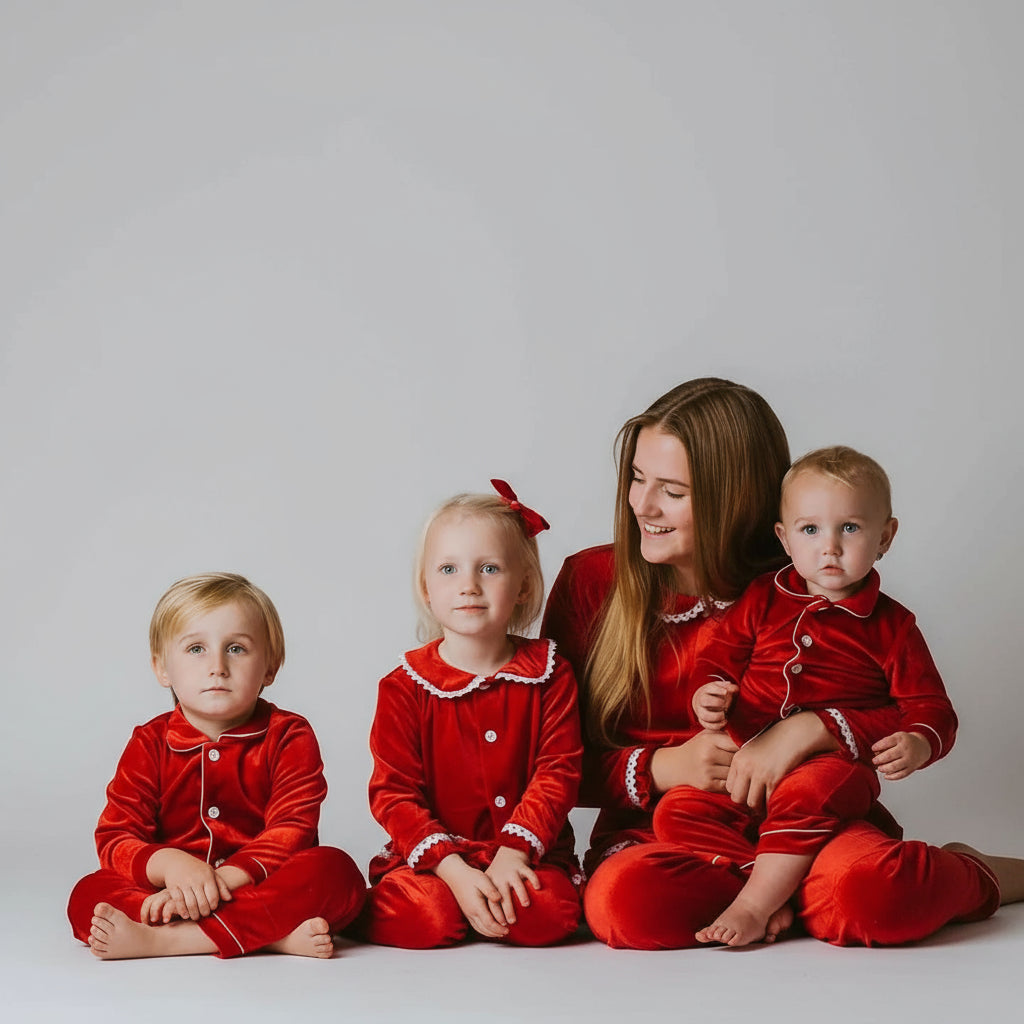 Family in matching red outfits sitting on a bed with Christmas decorations.