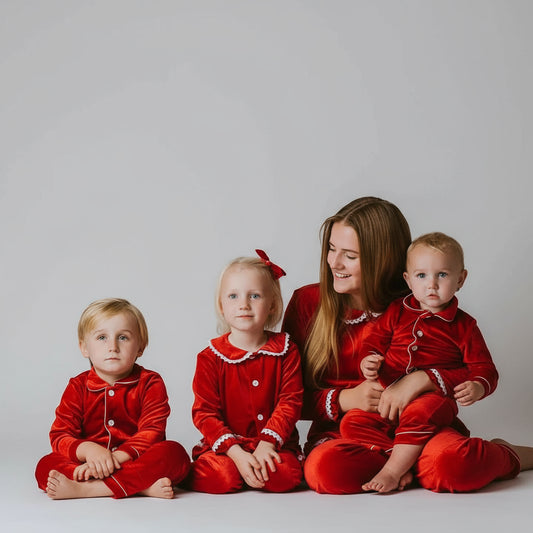 Family in matching red outfits sitting on a bed with Christmas decorations.