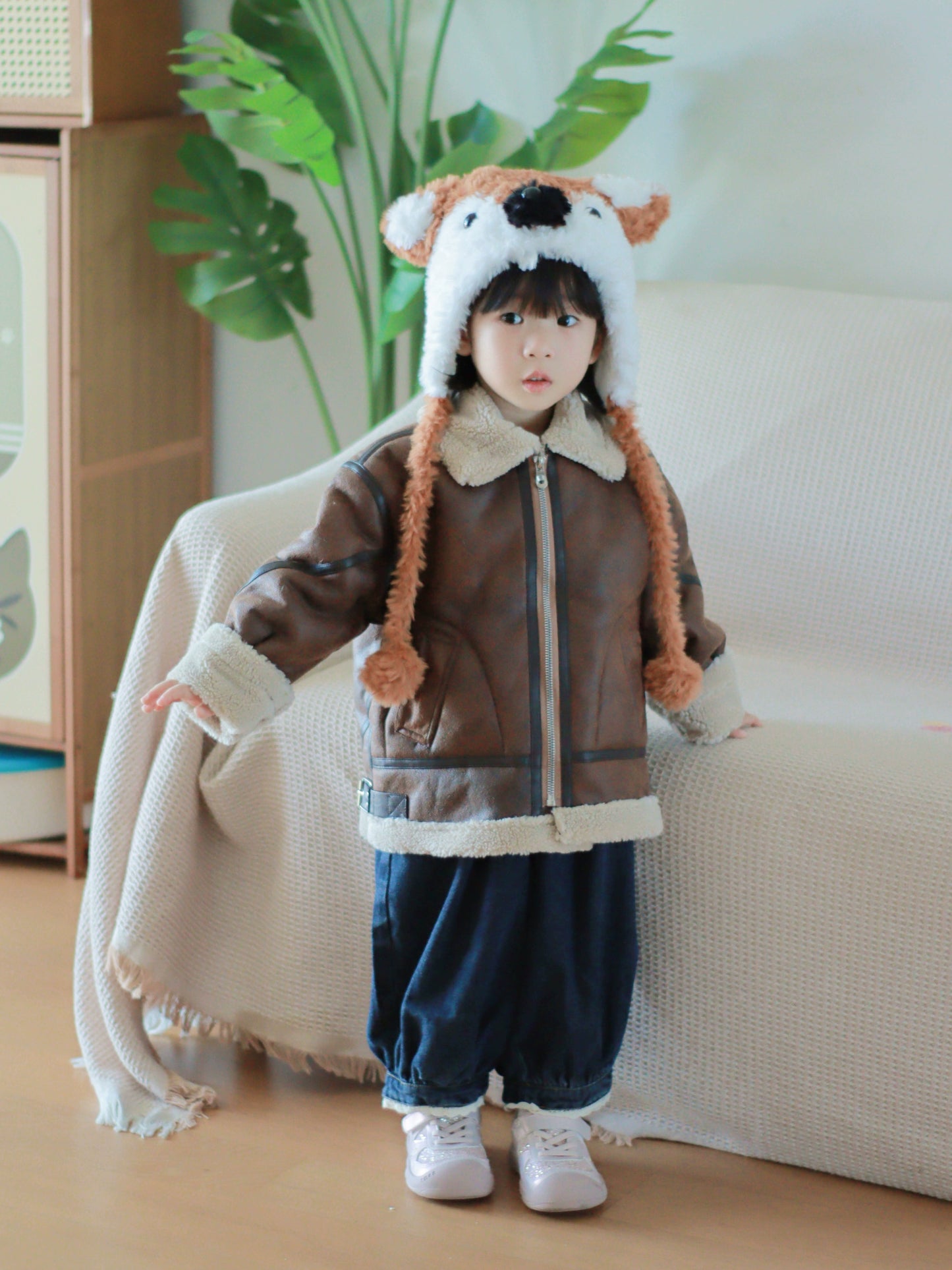Child wearing a brown coat with a hood and blue pants, standing indoors.