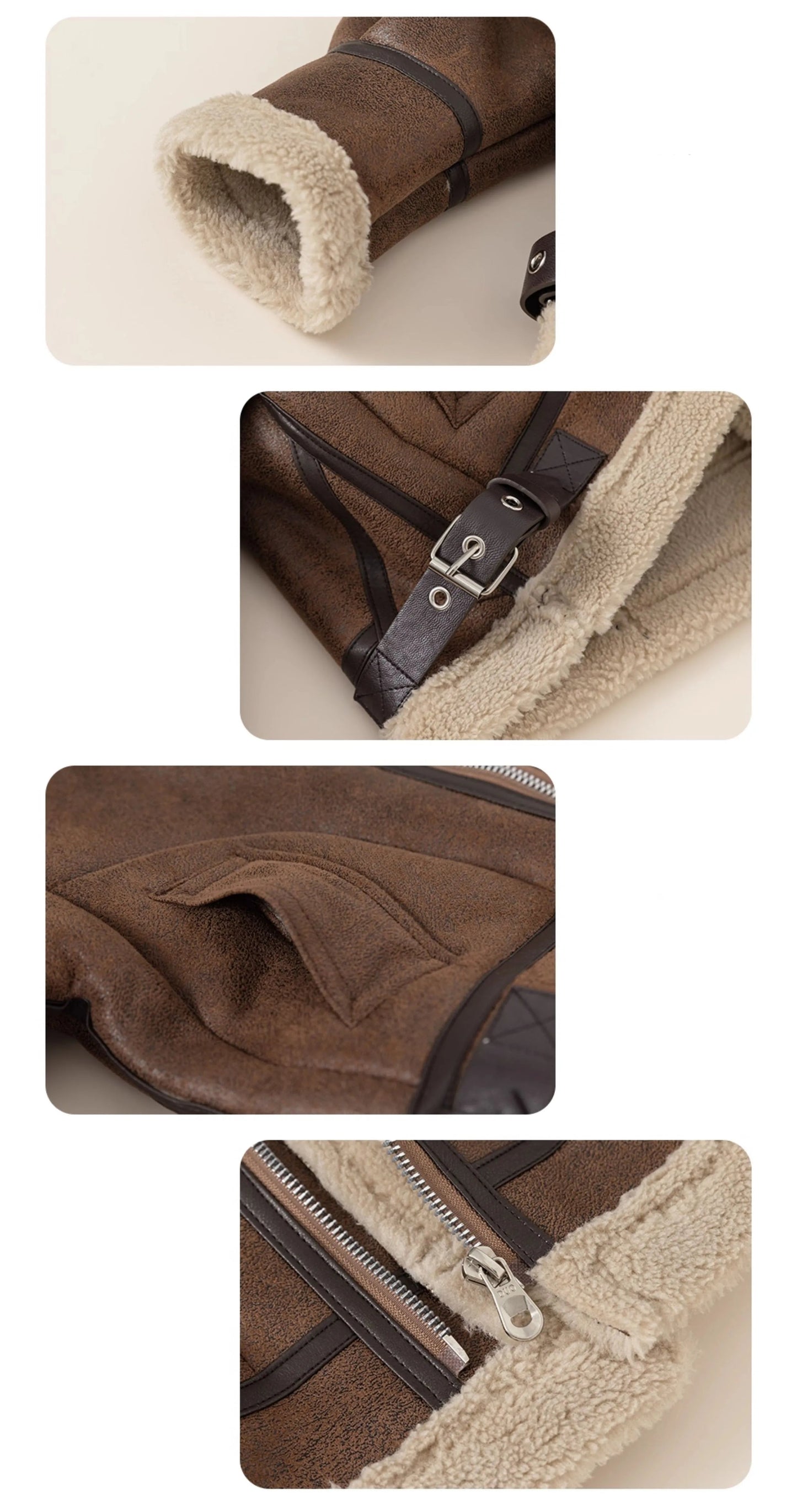 Collage of features of a brown jacket with text descriptions in Chinese.