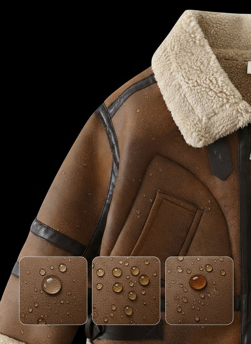 Brown leather jacket with fur collar, showing water resistance, oil resistance, and dirt resistance features