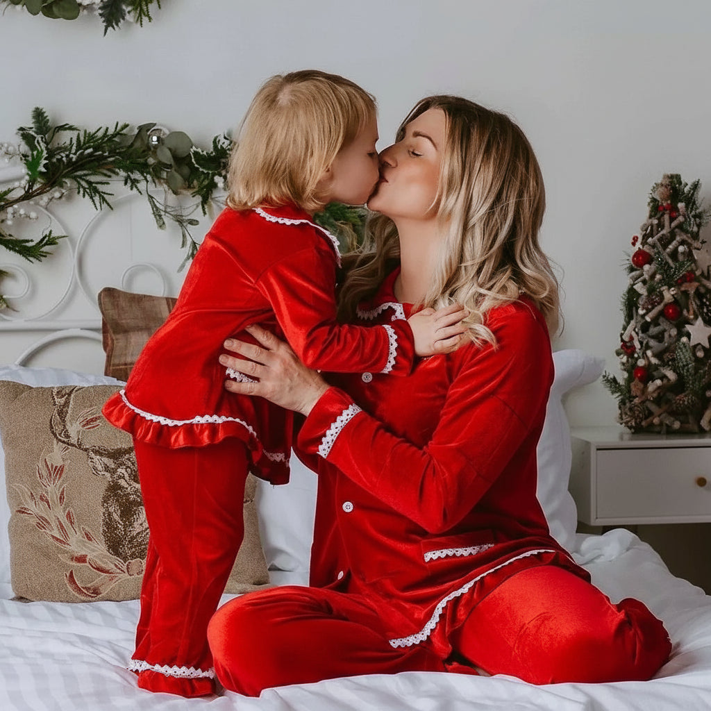 Velvet Lace-Trim Family Pajama Set