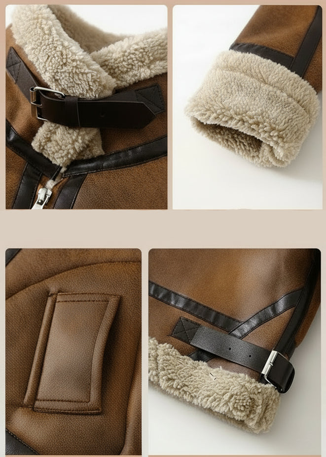 Brown leather shoes with fur lining and various design features on a beige background.