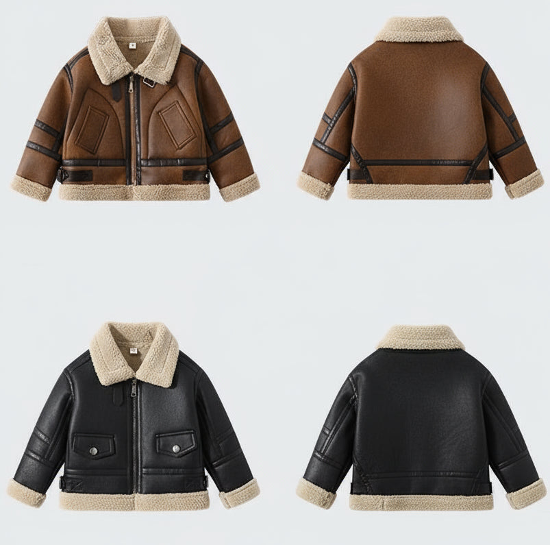 Brown leather jacket with fur lining displayed from multiple angles on a white background