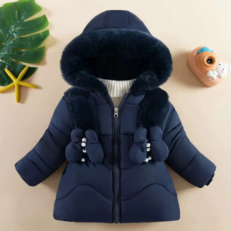 Faux Fur Bow Hooded Winter Coat