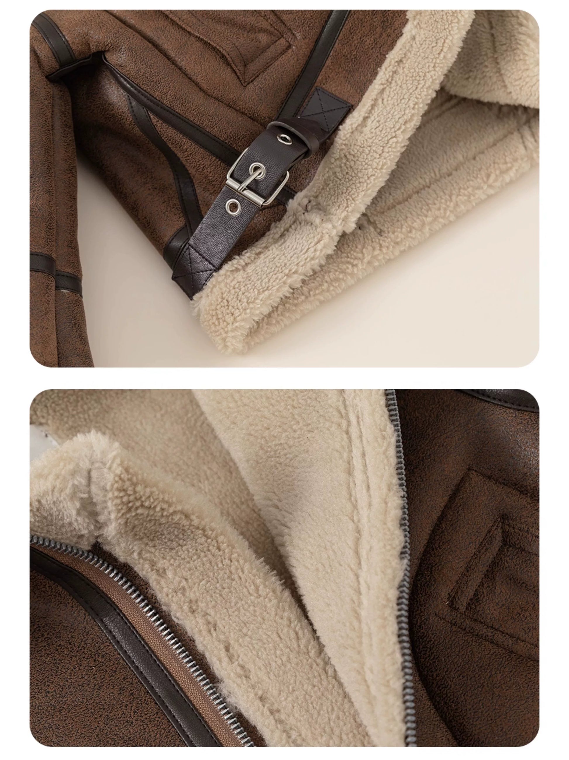 Close-up of a brown and beige jacket with a zipper and leather strap.