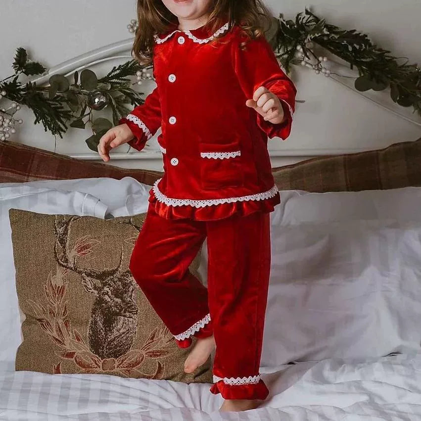 Velvet Lace-Trim Family Pajama Set
