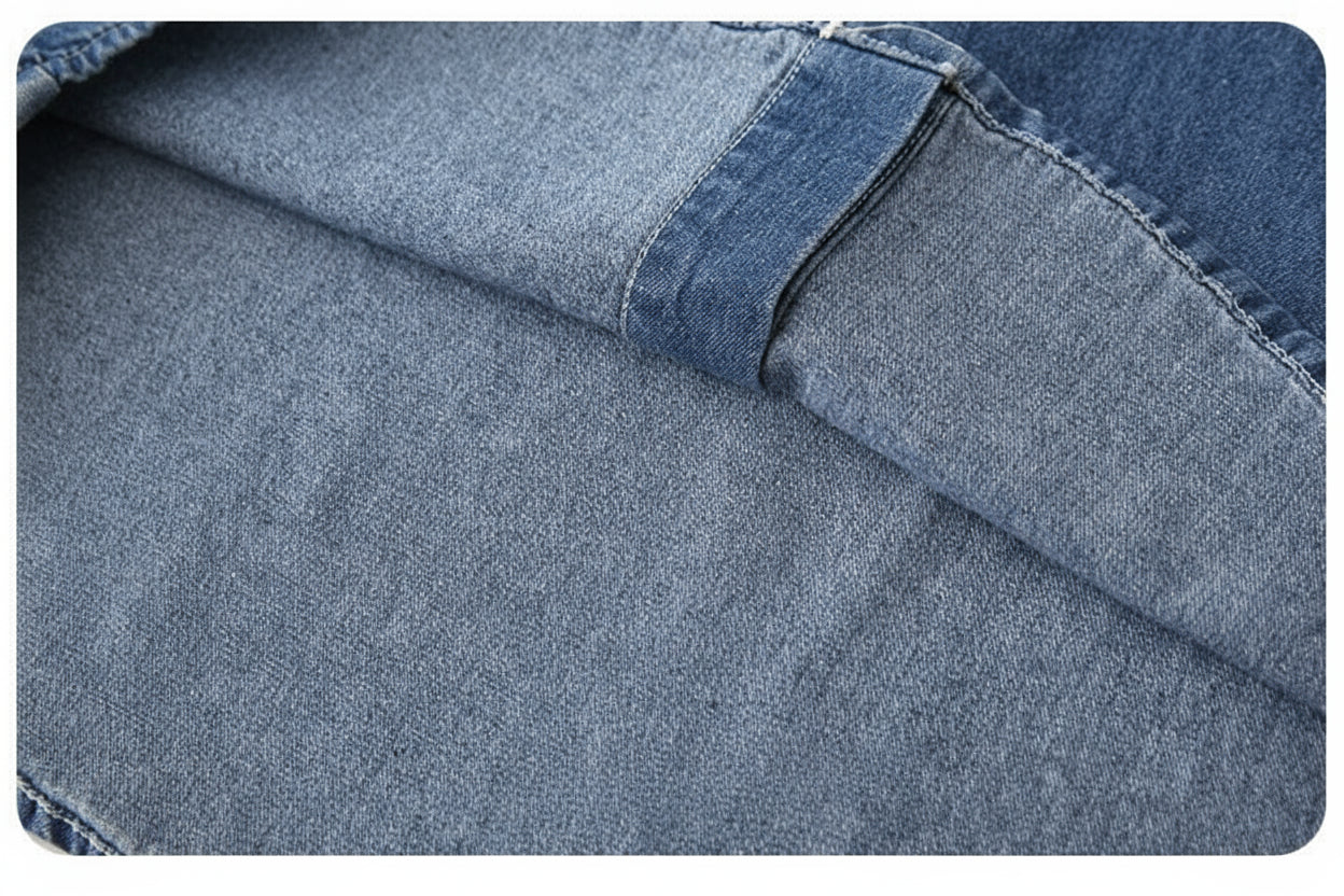 Close-up of denim fabric with a focus on comfort details.