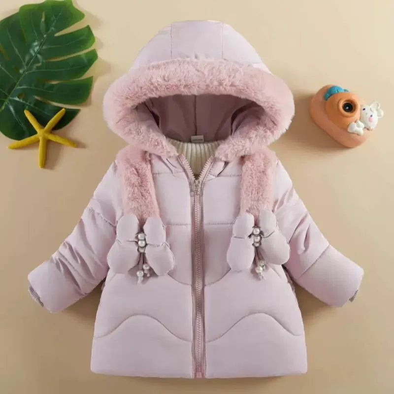 Faux Fur Bow Hooded Winter Coat