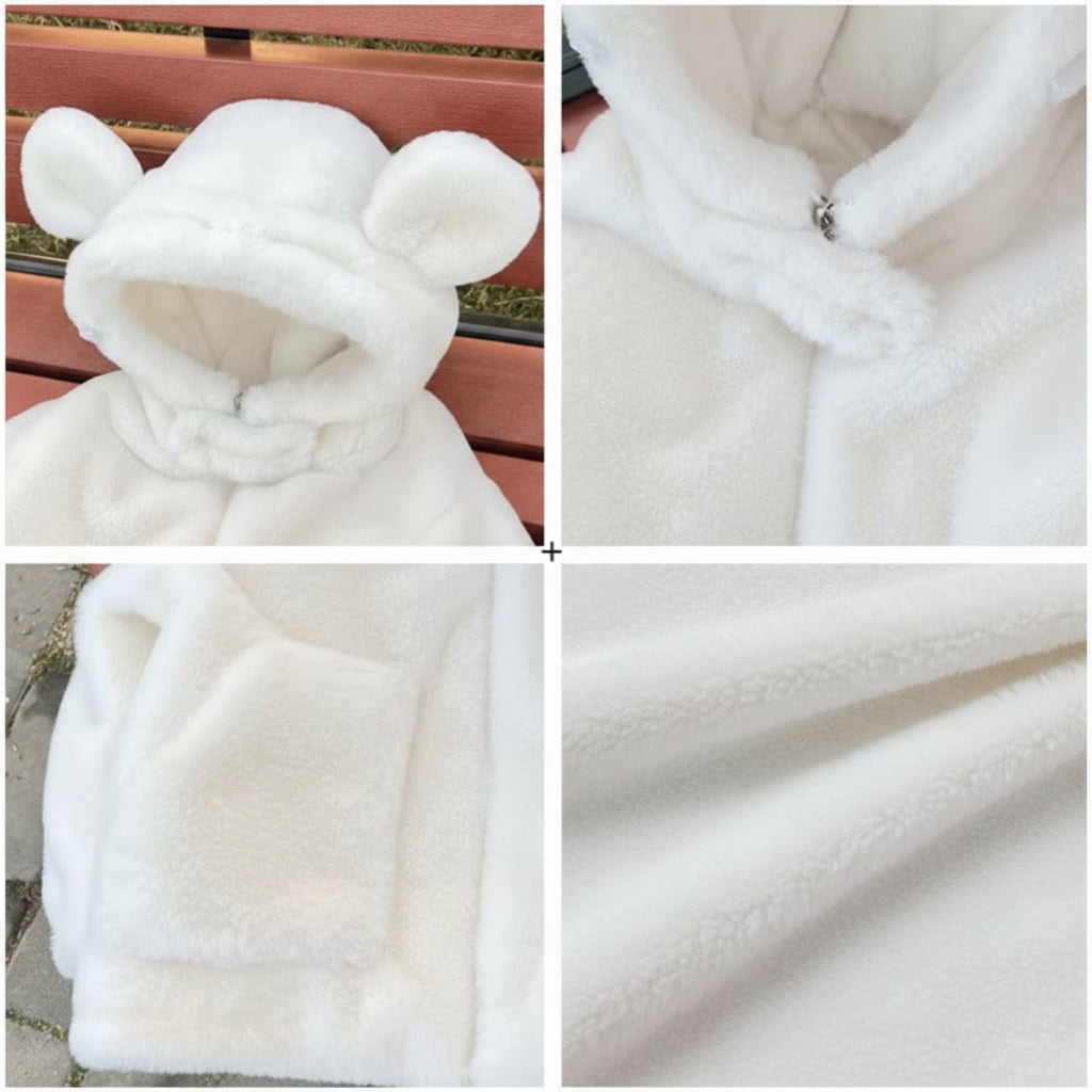 White fleece jacket with features labeled on a white background