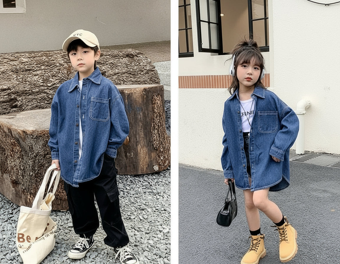 Two children wearing denim jackets; one outdoors with wooden logs, the other on a street.