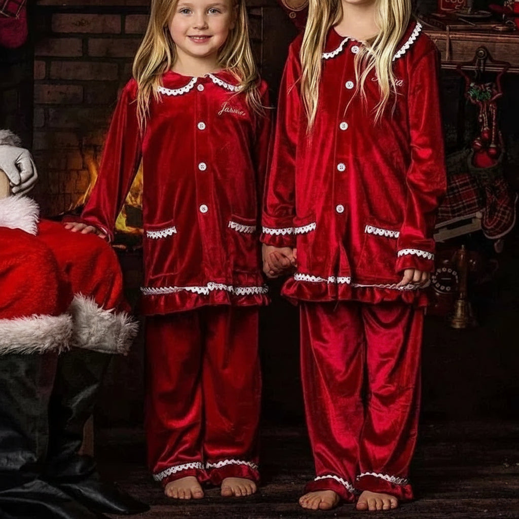 Velvet Lace-Trim Family Pajama Set