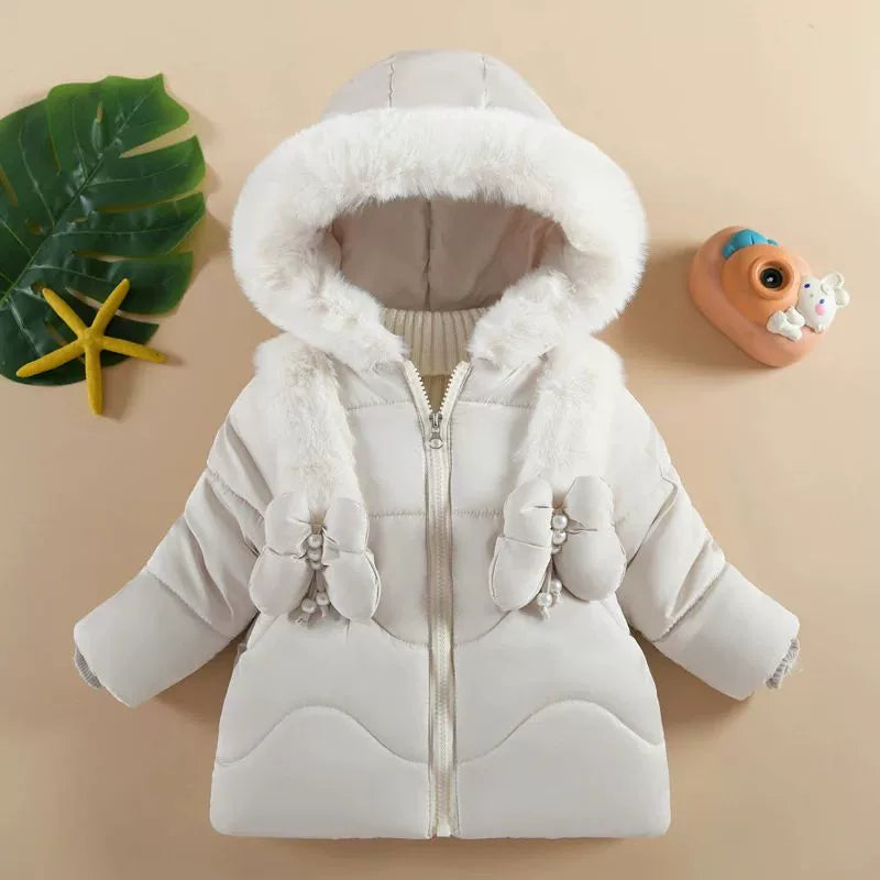 Faux Fur Bow Hooded Winter Coat