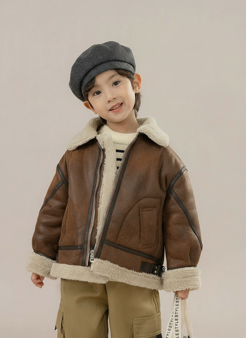 Child wearing a brown leather jacket with a beige interior, standing against a plain background.