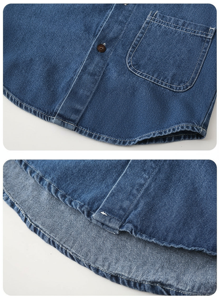 Close-up of a blue denim shirt with buttons and a pocket, on a white background.
