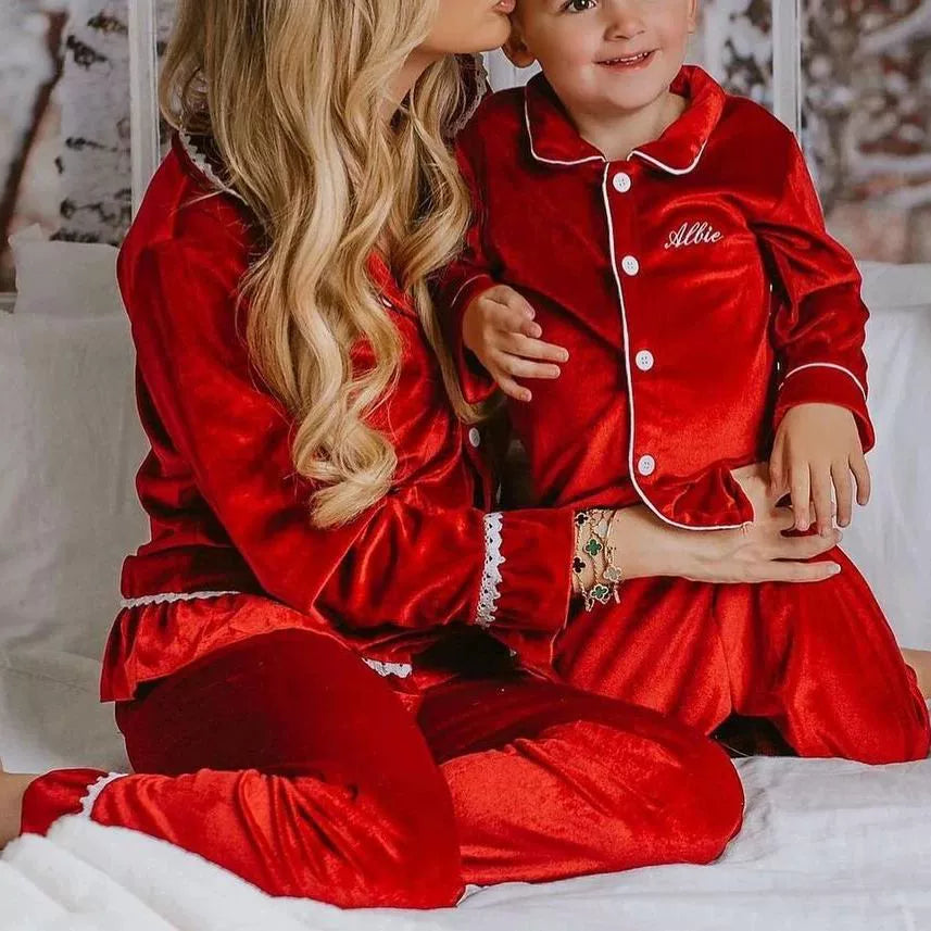 Velvet Lace-Trim Family Pajama Set